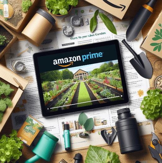 Una variedad de productos recomendados para crear tu huerto urbano en una imagen de Amazon Prime, incluyendo fertilizantes orgánicos y herramientas de jardín. Además, te brinda una guía visual detallada para empezar tu huerto urbano desde cero.