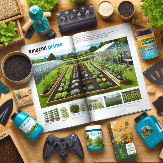 Una imagen de amazon prime rodeado de una selección de los productos recomendados para crear tu huerto urbano, como fertilizantes orgánicos y herramientas de jardín. Te ofrece una guía visual paso a paso para iniciar tu propio huerto urbano desde cero.