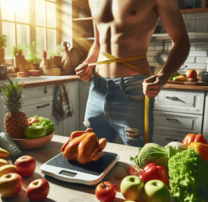 Foto de un chico haciendo la dieta del ayuno intermitente, mediendose la cintura con una cinta métrica y subido a una báscula, en la cocina rodeado de frutas, verduras y un trozo de pollo sin piel. Entra el sol por la ventana de la cocina