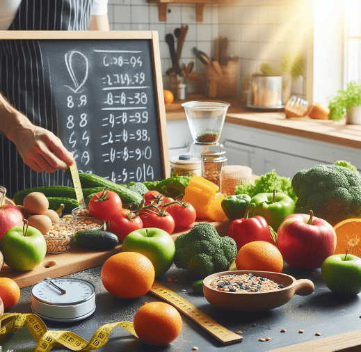 Foto de una mesa preparando una comida de dieta saludable en la cocina, con frutas, verduras, granos enteros, una receta escrita en español a mano en una pizarra, en primer plano una cinta métrica y una báscula. Por la ventana entra sol radiante