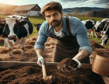 En esta imagen puedes ver un agricultor haciendo sustrato orgánico y ecológico, removiendo los ingredientes con una pala, con vacas de fondo en un día de primavera