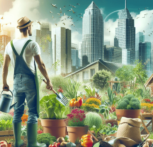 Foto de un huerto urbano en pleno crecimiento, con una variedad de plantas y verduras coloridas y saludables. Con elementos como macetas, herramientas de jardinería, abono orgánico y una persona cuidando de las plantas.