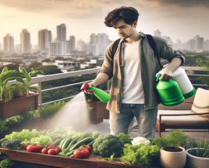 Insecticida orgánico y natural. En esta imagen vemos a un muchacho rociando con un aerosol sus verduras y hortalizas con un insecticida natural y ecológico en su huerto urbano en la terraza de su balcón en un día de verano. De fondo una ciudad en contaminación