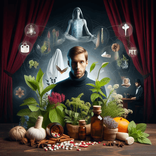 Imagen que representa la esencia de la medicina natural y la homeopatía, con elementos naturales y armónicos que reflejan la conexión entre el cuerpo y la mente en el proceso de curación.
