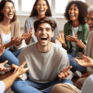 Una persona joven, con una amplia sonrisa en el rostro, está rodeada de un grupo de personas también riendo. Están sentados en círculo en un agradable ambiente tranquilo y relajado. La persona en el centro está guiando la sesión de risoterapia con entusiasmo y energía, usando técnicas divertidas para provocar risas entre los participantes. Todos parecen estar disfrutando de la experiencia, mostrando gestos de felicidad y diversión en sus rostros