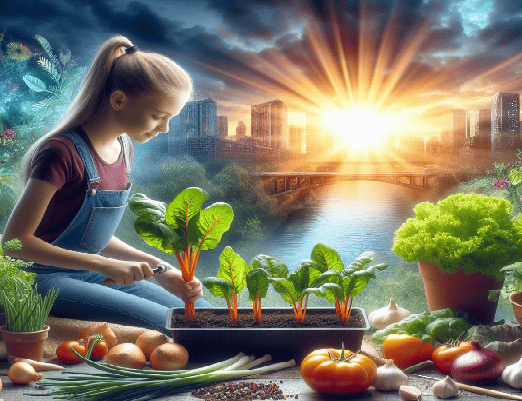 Plantar acelgas. Muestra una foto de un adolescente plantando acelgas en macetas, de fondo un contenedor con plantas de tomateras, lechugas, cebollas, ajos, pimientos. una ciudad con un rio de fondo y un sol radiante