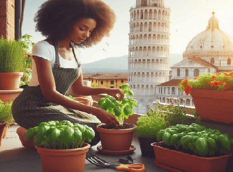 En esta foto puedes ver cómo plantar Albahaca en una maceta en la terraza de tu casa, mujer recolectando hojas de albahaca, de fondo la torre de Pisa, en un día soleado
