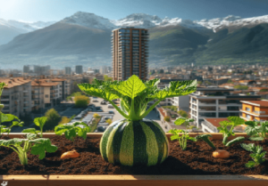 Plantar calabacines. Esta imagen muestra una planta en primer plano del crecimiento de calabacines, de fondo un huerto urbano en una terraza, con una ciudad y montañas nevadas de fondo y un día de sol radiante.