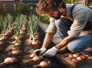 Una foto de una persona recogiendo cebollas frescas del suelo en un huerto urbano, ilustrando la etapa de cosecha y el resultado satisfactorio del cultivo.