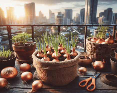 Una fotografía de cebollas recién plantadas en macetas en un huerto urbano, mostrando el proceso de siembra y los bulbos creciendo. Plantar cebollas.