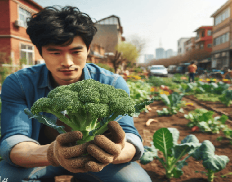 Plantar brócoli. En primer plano un brócoli recién recolectado en un jardín de un huerto urbano rodeado de casas, coches y personas bajo el sol de primavera