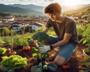 Adolescente plantando y cultivando brócoli su jardín entre tomateras y lechugas entre otras verduras y hortalizas. Un paisaje de un pueblo rodeado de campo y montanas en un día de primavera