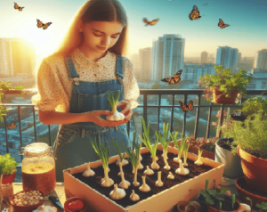 "Plantar, sembrar y cultivar ajo en huerto urbano". Esta imagen muestra una adolescente plantando ajos en macetas y contenedores en su huerto urbano en la terraza de su piso, con la ciudad de fondo entre mariposas revoloteando en un radiante día de primavera.