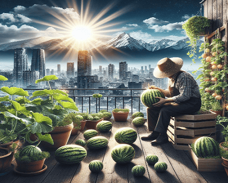 Cultivar melones: En esta imagen se muestra un huerto urbano con macetas y contenedores donde se cultivan melones. Un señor recolectando melones en su terraza, ciudad y montañas nevadas de fondo con un sol radiante