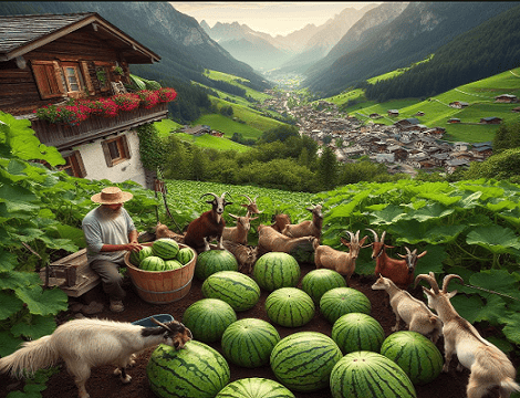 Cultivar sandías: Paisaje en la terraza de una casa de montaña en los Alpes rodeado de cabras y un perro cuidándolas, un señor cuidando sandías en su jardín, con un pueblo abajo en el fondo