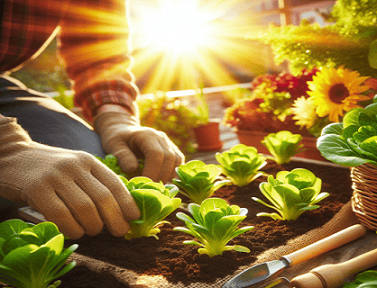 Cultivar, plantar y sembrar escarola: En esta imagen se muestra plantando planteles de escarolas junto a escarolas la a punto de recolectar, en una terraza llena de color y con sol radiante y primaveral