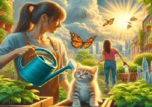 Plantar melisa: En esta imagen se muestra una mujer plantando melisa en su huerto urbano en contenedores mientras otra mujer riega con una regadera, un gatito jugando con una mariposa, sol radiante y cielo con nubes