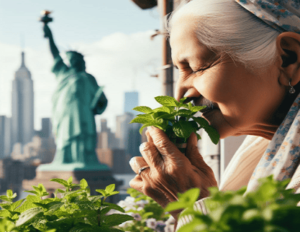Plantar y sembrar menta: Esta imagen muestra una abuela oliendo menta en su balcón de casa mientras cuida de ellas. En su terraza, de fondo de ve la estatua de la Libertad entre una ciudad congestionada en un día de sol radiante y primaveral