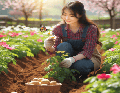 Plantar patatas: Esta imagen ilustra el proceso de un agricultor sembrando patatas en un jardín florido con una mariposa oliendo una flor en un día de sol radiante y primaveral