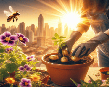 Sembrar patatas: Esta imagen muestra a una persona plantando patatas en una maceta en su huerto urbano. En su balcón en un tiempo primaveral con una abeja polinizando una flor, sol radiante de fondo una ciudad congestionada de la contaminación
