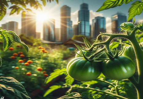 Plantar tomates. Esta imagen muestra un primer plano de una tomatera en crecimiento en un huerto urbano. Se pueden apreciar los tomates aún verdes y la vegetación exuberante. Refleja el cuidado y el éxito en el cultivo de tomates en un entorno urbano.