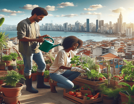 Cultivar tu huerto urbano. Imagen de un hombre y una mujer cuidando su huerto urbano en la terraza de su casa con el fondo de una ciudad tras el mar y un día soleado