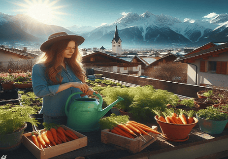 Plantar zanahorias. Esta imagen muestra una chica en un huerto urbano con macetas y contenedores donde se cultivan zanahorias con sol radiante y de fondo los montes alpinos nevados.