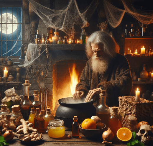 Remedios caseros. Foto de un brujo curandero en una chimenea preparando pócimas mágicas con productos naturales como limón, jengibre, miel, naranja, cebolla entre calderos y botellas de líquidos, en una casa vieja con telarañas y la luna se ve en la ventana