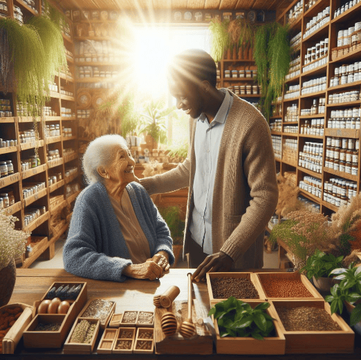 Una anciana en una tienda de hierbas repleta de plantas medicinales en cada estante, siendo atendida amablemente por el vendedor, mientras los rayos de sol se cuelan a través de la ventana.
