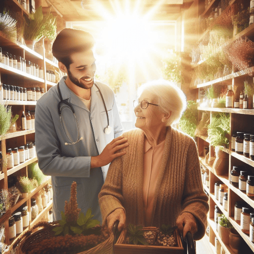 Una mujer mayor en una tienda de hierbas llena de plantas medicinales en cada estante, recibiendo una atención amable por parte del vendedor, mientras los rayos de sol brillan a través de la ventana.