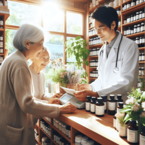 Una mujer mayor en un herbolario donde solo hay plantas medicinales por todas las estanterías mientras el vendedor la atiende amablemente, el sol radiante entra por el escaparate