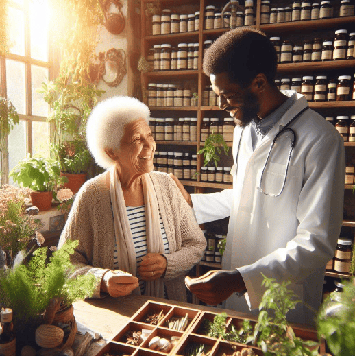 Una anciana cliente en un herbolario repleto de plantas medicinales en cada estantería, siendo atendida con amabilidad por el vendedor, mientras los rayos del sol brillan a través del escaparate.