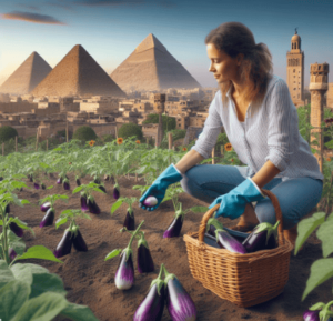 Plantar berenjenas: una señora cosecha berenjenas en su huerto urbano, de fondo se ven las pirámides de Egipto