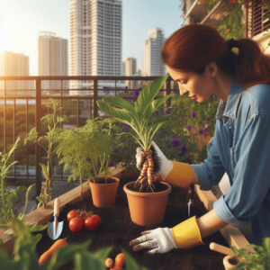 Plantar cúrcuma: en primer una planta de cúrcuma en una maceta, una señora cuidando huerto urbano de su terraza de su casa entre tomateras y pimientos, de fondo se ven edificios en un día soleado