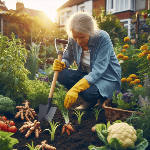 Plantar cúrcuma: una señora mayor cultivando en su huerto urbano, cavando con su azada en un día de sol radiante entre plantas de huerto como tomateras, pimientos, coliflores y su principal planta: cúrcuma