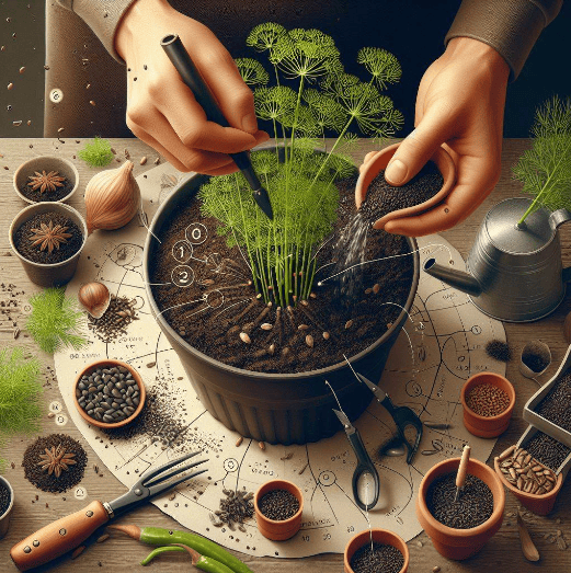 Plantar eneldo: La imagen muestra un paso a paso detallado de cómo plantar eneldo en una maceta, destacando el sustrato, las semillas y el riego
