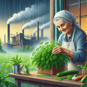 Plantar eneldo: La imagen ilustra una señora mayor recolectando hojas frescas de eneldo para su uso en recetas saludables, en la ventana de su casa, de fondo una fábrica humeante en un día lluvioso.