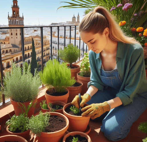 Plantar estragón: una hortelana en el huerto urbano de su balcón de su casa plantando estragón en macetas en un día soleado de primavera, de fondo, la torre del Sol en Sevilla