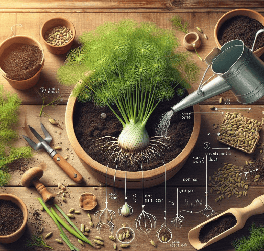 Plantar hinojo: La imagen muestra un paso a paso detallado de cómo plantar hinojo en una maceta, destacando el sustrato, las semillas y el riego
