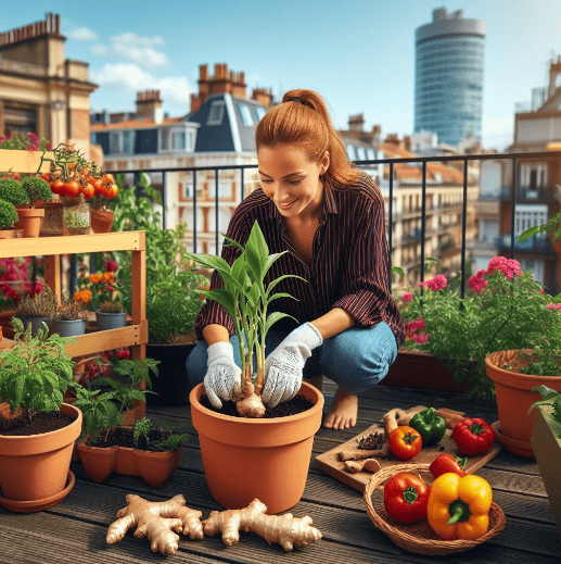 Plantar jengibre: en primer una planta de jengibre en una maceta, una señora cuidando huerto urbano de su terraza de su casa entre tomateras y pimientos, de fondo se ven edificios en un día soleado
