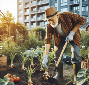 Plantar jengibre: un señor mayor cultivando en su huerto urbano, cavando con su azada en un día de sol radiante entre plantas de huerto como tomateras, pimientos, coliflores y su principal planta: jengibre