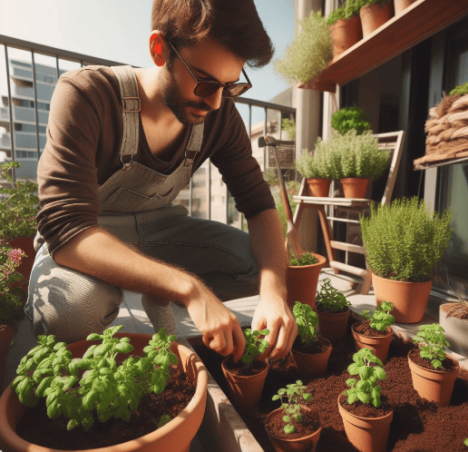 Cultivar orégano: un aficionado a la jardinería en su balcón de casa plantando orégano en macetas en un día soleado de primavera, en medio de la contaminación urbana.