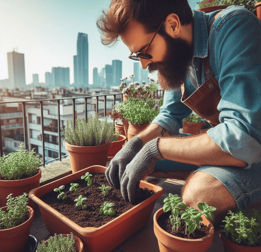 Plantar orégano: un hortelano en el huerto urbano de su balcón de su casa plantando orégano en macetas en un día soleado de primavera, en una ciudad contaminada