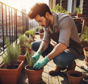 Plantar romero: un hortelano en el huerto urbano de su balcón de su casa plantando romero en macetas en un día soleado de primavera, en una ciudad contaminada por el humo de los coches