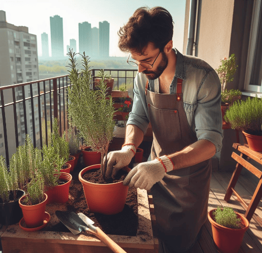 Plantar romero. Un jardinero cultiva romero en macetas en su balcón en un día soleado de primavera, en medio de una ciudad contaminada por el humo de los vehículos.