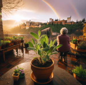 Plantar salvia: en primer una planta de salvia en una maceta cultivada por una señora en el huerto urbano de su terraza de su casa, de fondo se ve la Alhambra de Granada en un día lluvioso saliendo el sol y un bonito arco iris de colores vivos
