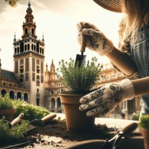 Plantar tomillo: una chica trasplantando de maceta una planta de tomillo a una jardinera, de fondo la giralda de Sevilla en un día soleado