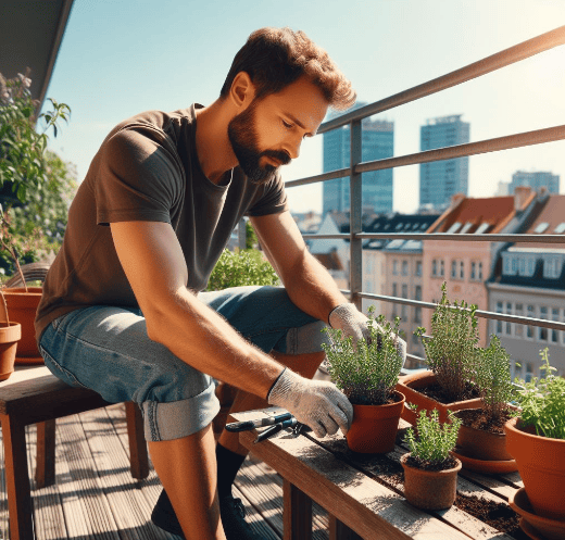 Plantar tomillo: un hortelano en el huerto urbano de su balcón de su casa plantando tomillo en macetas en un día soleado de primavera, en una ciudad cosmopolita