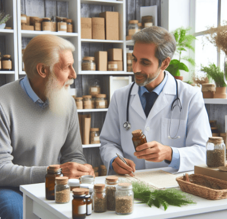 Recetas de remedios caseros para la salud: vemos a un señor mayor en la consulta de un médico boticario de recetas caseras y naturales. En la consulta vemos al médico dándole una receta natural, en las estanterías hay botes y plantas medicinales