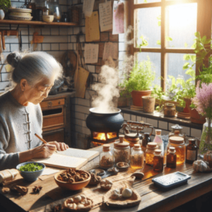En la cocina de una señora mayor, una chimenea emite humo desde un caldero, sobre la mesa se encuentran plantas medicinales, botes con líquidos, una balanza de cocina y una libreta con recetas caseras